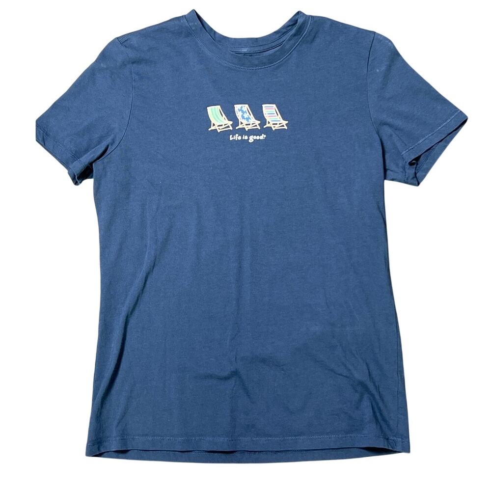 Life Is Good Beach Chairs Graphic Jersey Tee-Shirt Women's Size XS Navy Pullover